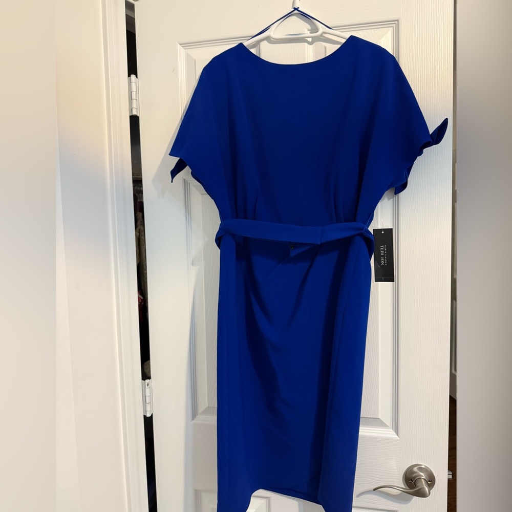 Teri Jon Blue Sheath Dress with Dolman Sleeves and Crew Neck